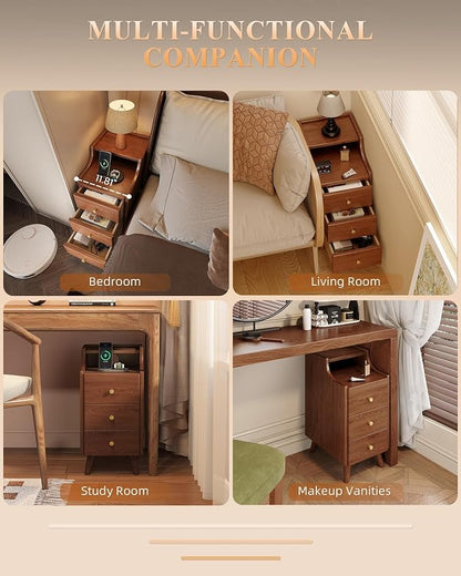 Narrow Nightstand with Drawers, 11.8" Solid Wood Nightstand with Open Shelf & Cable Hole, Modern Night Stand Slim Bedside Table for Small Spaces, Bedroom, Study