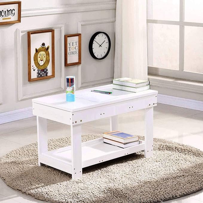 YouHi Kids Activity Table with Board and Storage for Bricks Activity Play Table (White Double Table)