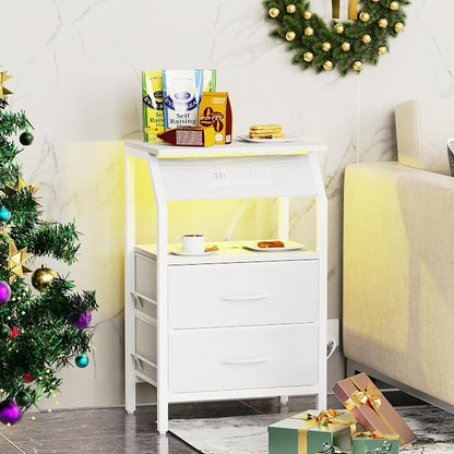 SZLHANJZ LED End Table, Nightstand with 2 Drawers and Charging Station Type C Port, Storage Fabric Night Stand for Bedside, Small Side Table for Living Room Dorm, White