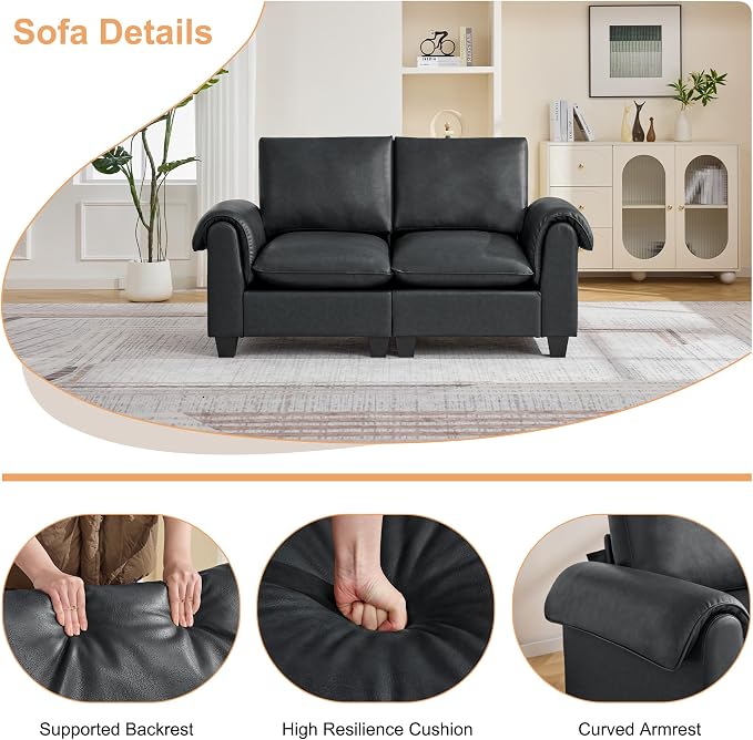 70.5" Faux Leather Loveseat Sofa, Oversized 2 Seater Modular Sectional Upholstered Couch with Curved Armrests, Cloud Modern Deep Seat Love Seat Sofa for Living Room, Black