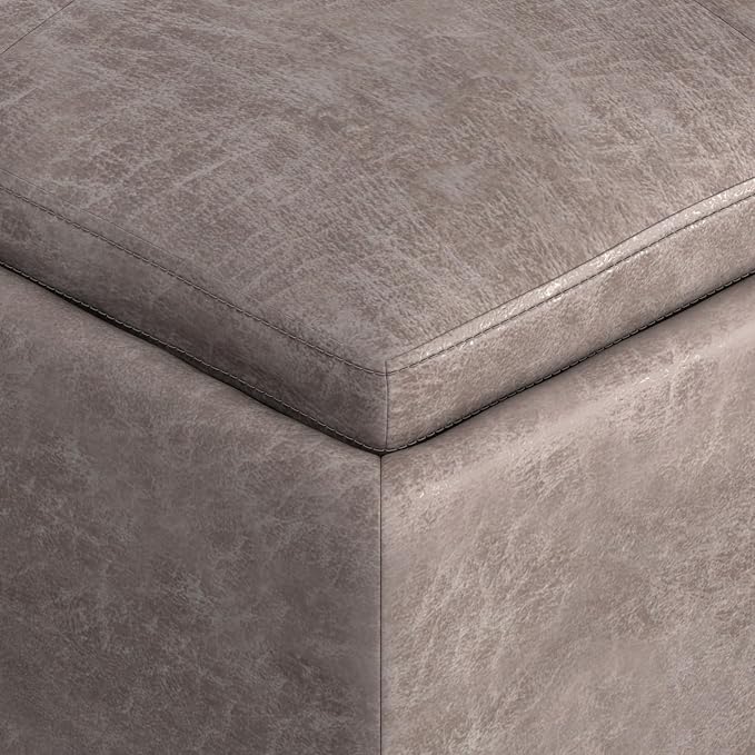 SIMPLIHOME Avalon Wide Contemporary Square Coffee Table Storage Ottoman, Distressed Grey Taupe, Table Ottoman