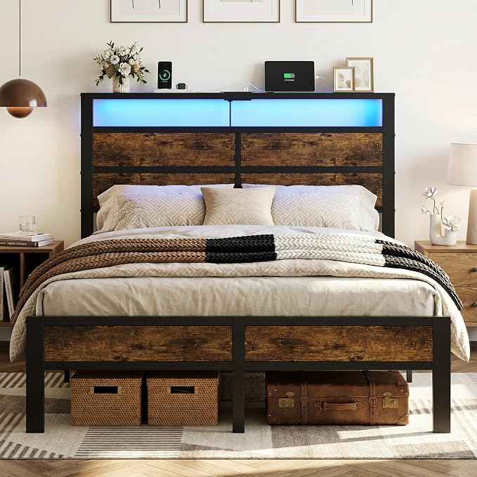 Full Size Metal Bed Frame with Storage Headboard, LED Lights and USB Charging Ports, Brown Platform Bed with Sturdy Slats, No Box Spring Needed, Easy Assembly, Noise Free