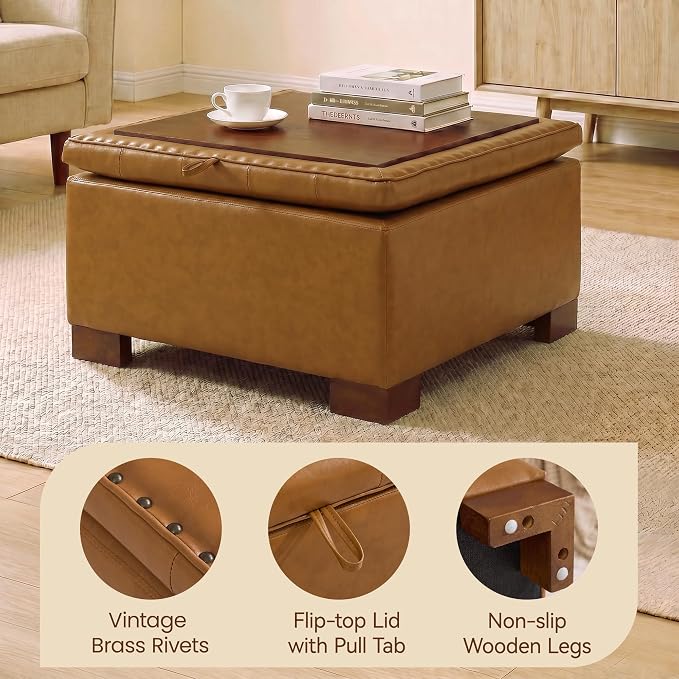 30 Inch Square Storage Ottoman Coffee Table, Modern Tufted Upholstered Ottoman with Flip Tray and Solid Wood Legs, Suitable for Living Rooms, Faux Leather Brown