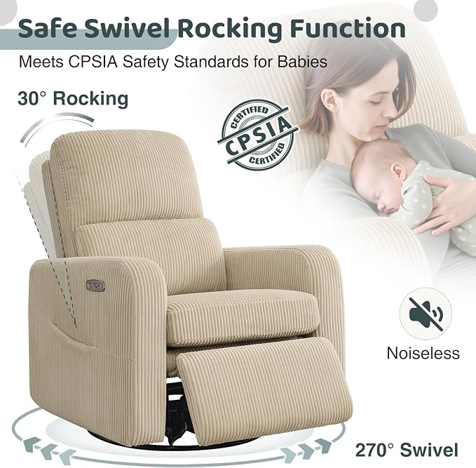 Swivel Rocker Recliner, Oversized Power Recliner Nursery Glider with Removable Cushion, Upholstered Corduroy Swivel Reclining Chairs for Nursery Living Room Bedroom, Camel
