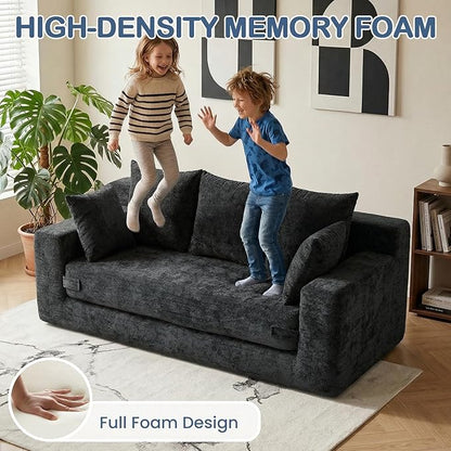 Boneless Couches 70", 3 Seater Boneless Couch with Pull Out Sofa Bed, Black Boneless Couch with 5 Pillows, Plush Velvet Sofa for Living Room & Bedroom