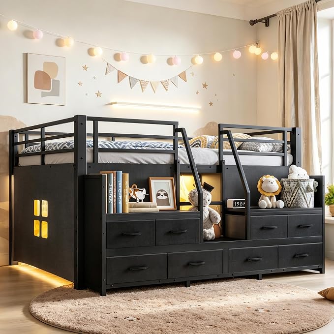 Bellemave Low Loft Bed Full Size with Storage Shelves & Fabric Drawers, Metal Full Loft Bed for Kids with LED Lights & Under-Bed Play Area, Low Loft Bed Frame for Bedroom, No Box Spring Needed, Black