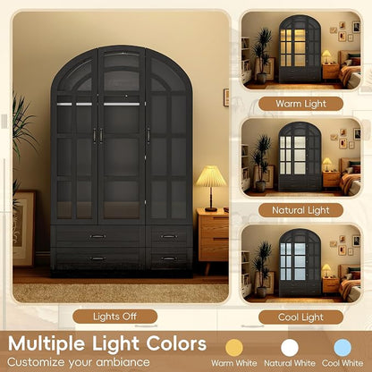Squireewo 78" Arched Armoire Wardrobe Closet with Motion Sensor LED Light, 3 Windowpane Glass Doors & 4 Drawers, Large Wood Bedroom Storage Cabinet, Clothing Organizer with Hanging Rod, Black