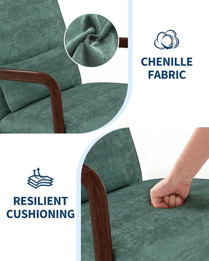 Garvee Mid-Century Modern Accent Chair, Chenille Upholstery, Solid Wood Armchair with Removable Lumbar Pillow, Sturdy Reading Chair for Living Room, Bedroom, Guest Room, Easy Assembly, Green