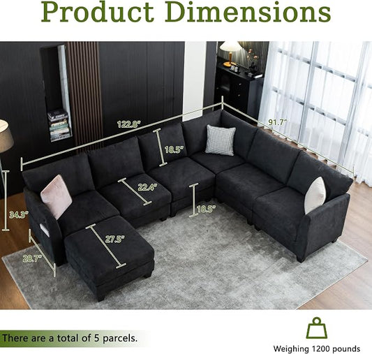 122.8" Large Sectional Couches for Living Room, 6 Seater L Shaped Modular Sectional Sofa with Storage Ottoman & USB, Oversized Corner Couch for Living Room（Black）