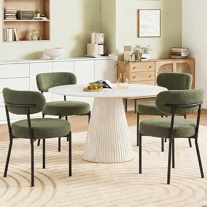 DUMOS Dining Chairs Set of 4, Mid Century Modern Chair Round Upholstered Curved Backrest, Kitchen Vanity Living Room Chairs with Black Metal Legs, Green