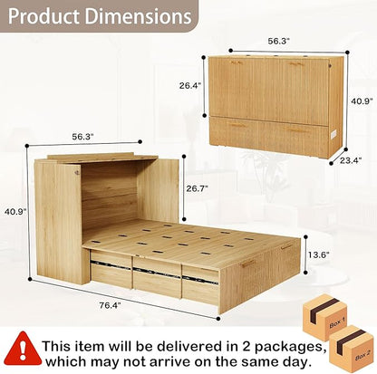 Full Size Murphy Bed Cabinet: Modern Murphy Bed Full Oak, Natural Wood Hidden Beds Cabinet with Charging Station, Fluted Hideaway Beds for Apartments (Oak-Stripe)