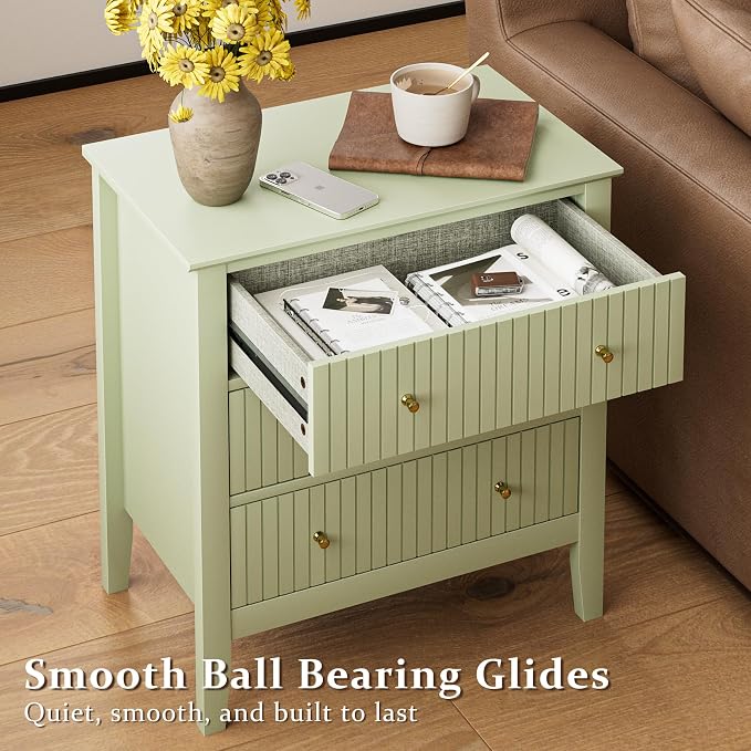 Night Stand, Fluted 3 Drawer Wide Farmhouse Nightstand with Gold Handle, Modern Wooden Bedside End Table for Bedroom, Living Room, Pale Green