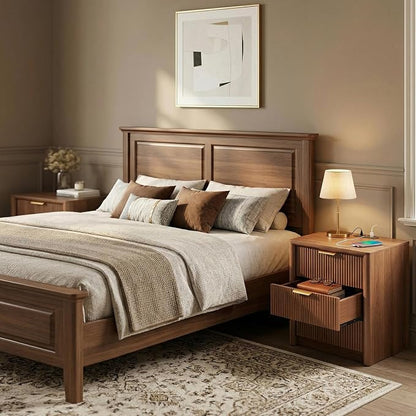 LYNCOHOME 23" Fluted Nightstand with Charging Station, 3 Drawer Bedside Table, Modern Night Stand with Curved Edge Design, Wooden End Table for Bedroom, Rounded Night Stand with Storage, Walnut, Brown