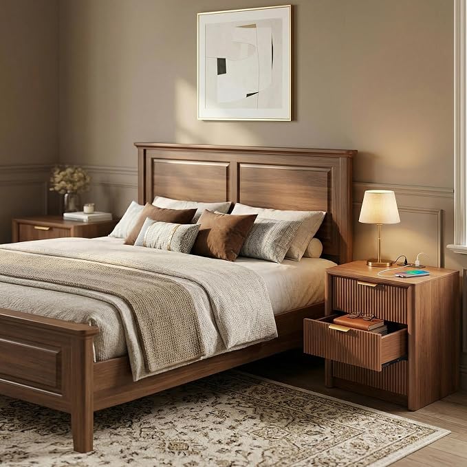 LYNCOHOME 23" Fluted Nightstands Set of 2 with Charging Station, 3 Drawer Bedside Table, Modern Night Stand with Curved Edge, Wooden End Table for Bedroom, Rounded Night Stand with Storage, Walnut