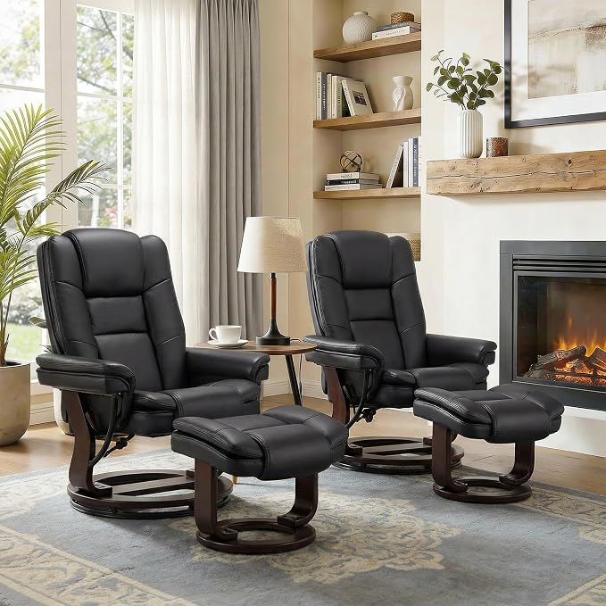 Swivel Recliner Chair with Ottoman Reclining Lounge Sofa Footrest, Set of 2 | 360°Sturdy Wood Base, Soft PU Leather, Upholstered Ultra-Plush Foam, Modern Armchair, Living Room Bedroom Office Reading Home