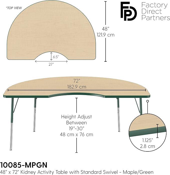 Factory Direct Partners 10085-MPGN Kidney Activity School and Office Table (48" x 72"), Standard Legs with Swivel Glides, Adjustable Height 19-30" - Maple Top and Green Edge