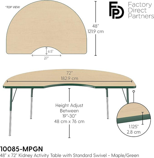 Factory Direct Partners 10085-MPGN Kidney Activity School and Office Table (48" x 72"), Standard Legs with Swivel Glides, Adjustable Height 19-30" - Maple Top and Green Edge