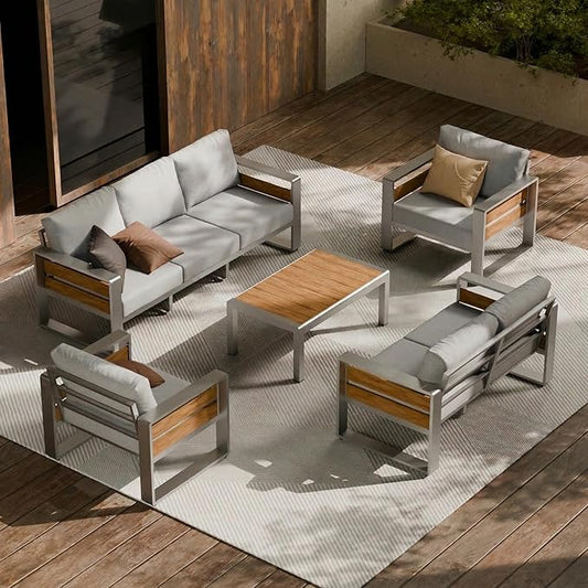 ZANDOR Aluminum Outdoor Patio Furniture Set with Table,7 Seat, Silver | Rustproof,High weight capacity,Water-repellent,Washable Cover,All-Weather Resistant,Easy clean,for Poolside Backyard Deck
