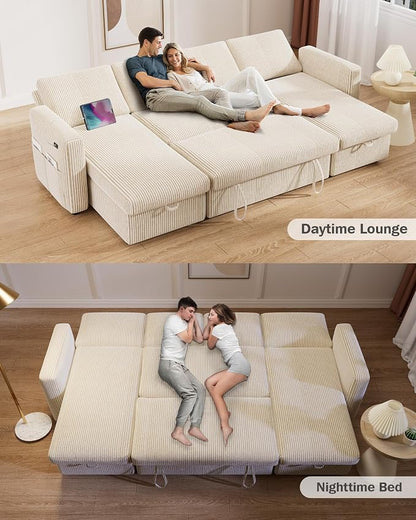 Vipbear 104" Sectional Sleeper Sofa Bed with Pull Out Bed, U Shaped Couch Pull Out Couch with Reclining Backrest, Reversible Storage Chaise, USB Ports, Tool-Free Assembly, Corduroy Beige