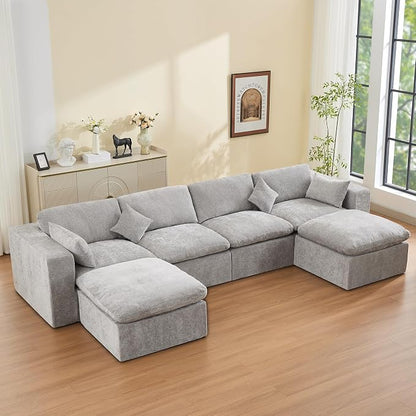 146''Cloud Boneless Sectional Couch, Modular Sectional Sofa Deep Seat with 2 Ottomans, Oversized Upholstered Convertible Comfy 6 Seater Chenille Sofa U Shape Couches for Living Room, Light Grey