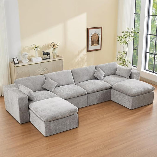 146''Cloud Boneless Sectional Couch, Modular Sectional Sofa Deep Seat with 2 Ottomans, Oversized Upholstered Convertible Comfy 6 Seater Chenille Sofa U Shape Couches for Living Room, Light Grey