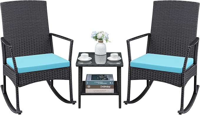 Greesum 3 Pieces Patio Furniture Set Outdoor Wicker Rocking Chairs with Glass Coffee Table for Garden Backyard Porch Poolside, Blue
