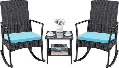 Greesum 3 Pieces Patio Furniture Set Outdoor Wicker Rocking Chairs with Glass Coffee Table for Garden Backyard Porch Poolside, Blue