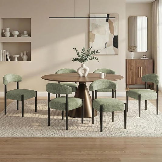VKNOW Wooden Dining Chairs Set of 6 with Black Rubberwood Legs, Green | Soft Chenille Fabric, Curved Open Back, Thickened Cushion, For Adults and Family, Dining Room, Kitchen, No Wobble