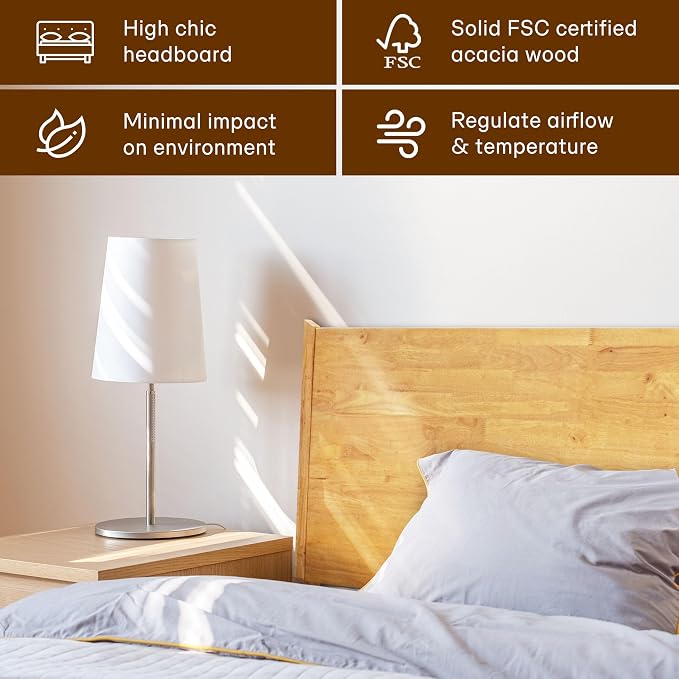 Acacia Haven Queen Bed Frame and Headboard, Solid Wood Platform Bed Frame Scandinavian Compatible with All Mattress Types, Wood Slats Support 800lbs Capacity, Quick & Easy Assembly, Natural Oak