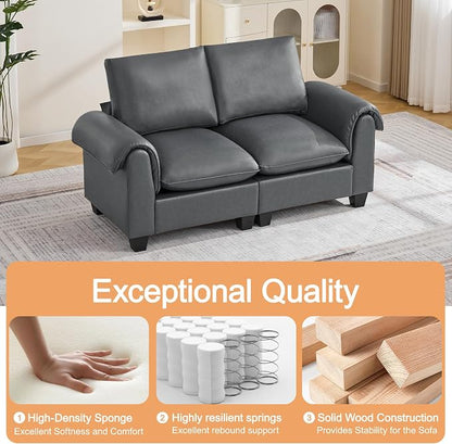 70.5" Faux Leather Modular Sectional Loveseat Sofa, Oversized 2 Seater Upholstered Couch with Curved Armrests, Cloud Modern Deep Seat Love Seat Sofa for Living Room, Grey