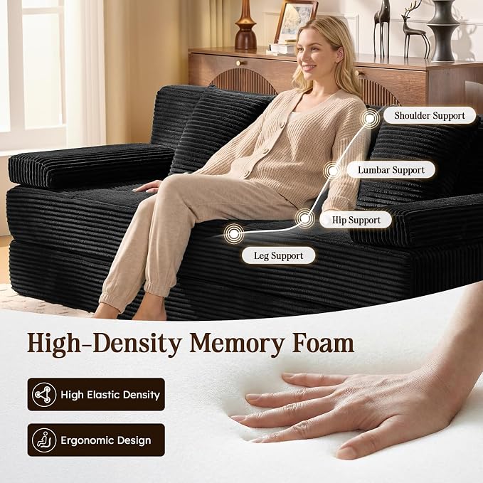 78.7IN Folding Sofa Bed - Convertible Sleeper Sofa Couch with Zippered Pillows, 3 Seater Couches Bed for Living Room, Bedroom, Apartment, No Assembly Required, Freestanding, Corduroy, Black