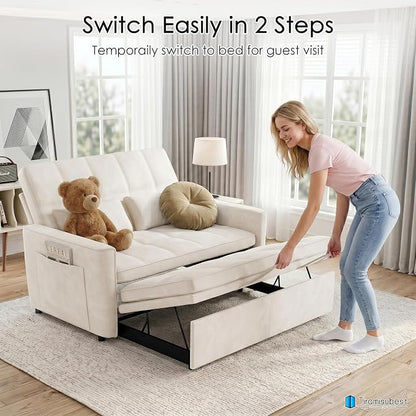 54'' Sleeper Sofa Bed, Convertible Pull Out Couch Futon for for Living Room,Apartment (Beige, Loveseat) Side Pockets, Velvet Fabric, Adjustable Backrest, Pull-Out Bed, Easy Assembly
