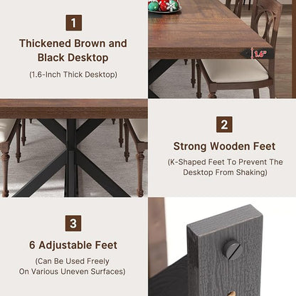 Hlivelood Dining Table for 6 8 People,Rectangular Kitchen Farmhouse Table W/Waterproof Wood Tabletop,Long Dining Room Tables W/Wood Strip Base for Kitchen Living Room(78IN BR&BK)