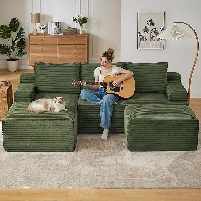 96" Cloud Sectional Couch U-Shaped Chaise with Ottoman, Corduroy Boneless Couch for Living Room Bedroom, Deep-Seat Upholstered Modular Cloud Sofa, No Assembly Required (Green, Left Facing Chaise)