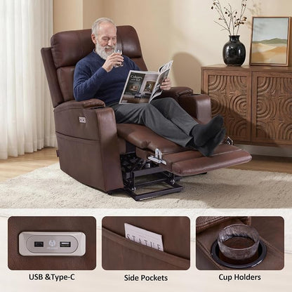 MCombo Lift Chair for Tall Man 6‘6’’, Dual Motor Power Lift Recliner Chair for Elderly, Lay Flat for Sleeping, Heat and Massage, USB & Type C, Faux Leather 7755 (Dark Brown)