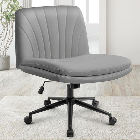Orange Factory Criss Cross Chair with Wheels Comfy Wide Vanity Desk Chair Dual Base Leather Armless Adjustable Swivel for Home Computer Task (Grey Pu, Faux Leather)