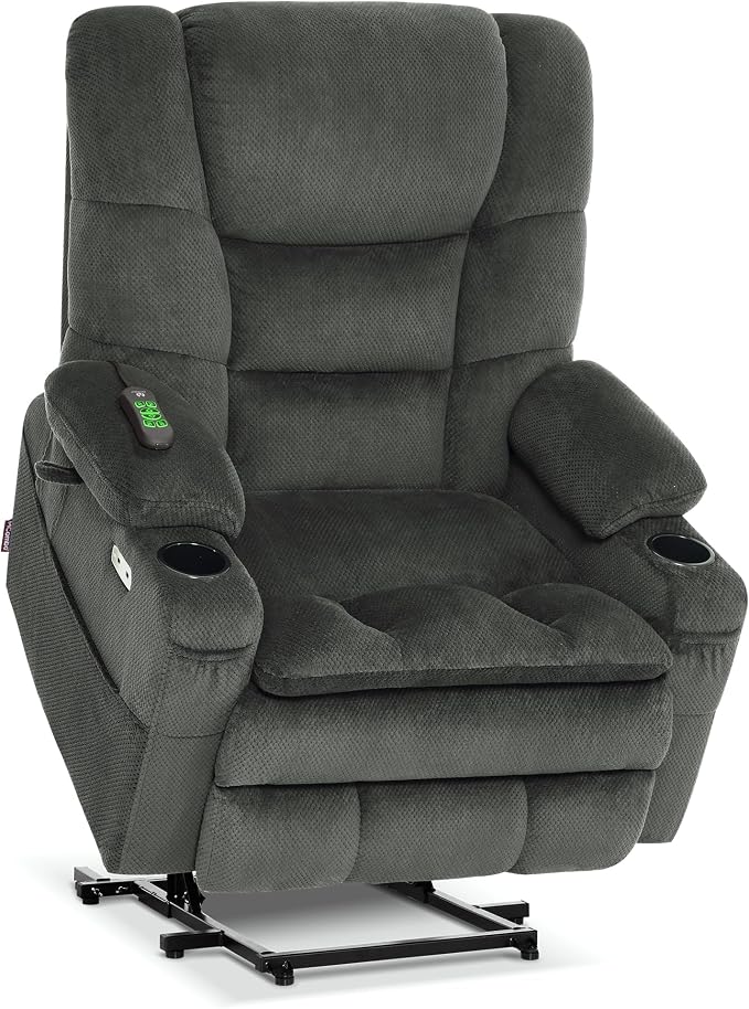 MCombo Big Man Power Lay Flat Lift Chair, Triple Motor Power Lift Recliner with Massage & Dual Heating, Adjustable Headrest, Fabric R7635 (Grey, Large-Wide)