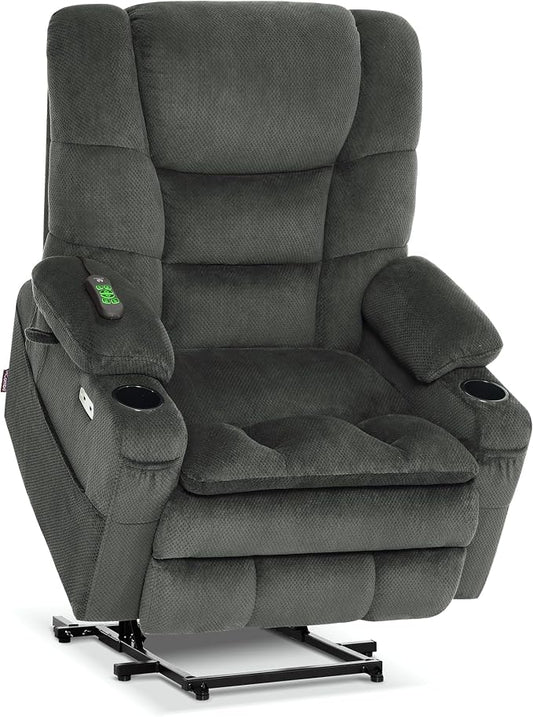 MCombo Big Man Power Lay Flat Lift Chair, Triple Motor Power Lift Recliner with Massage & Dual Heating, Adjustable Headrest, Fabric R7635 (Grey, Large-Wide)