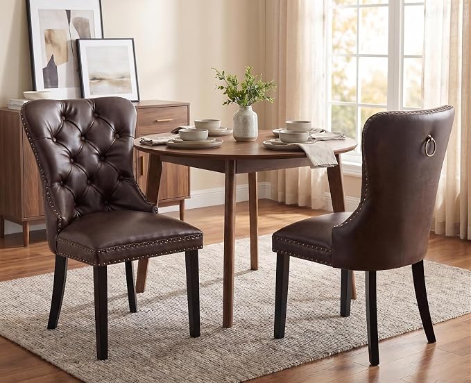 EALSON Modern Dining Chairs Set of 2 Mid Century Leather Dining Room Chairs with Wood Legs Tufted Upholstered Kitchen Side Chairs with Nail Head Trim for Dining Room/Living Room, Coffee with Ring