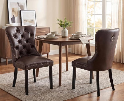 EALSON Modern Dining Chairs Set of 2 Mid Century Leather Dining Room Chairs with Wood Legs Tufted Upholstered Kitchen Side Chairs with Nail Head Trim for Dining Room/Living Room, Coffee with Ring