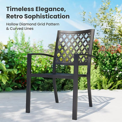 PHI VILLA 9 Piece Outdoor Dining Set for 8, 67" Metal Round Table with Umbrella Hole & Stackable Wrought Iron Chairs, All Weather Large Furniture Set for Patio, Deck, Backyard, Porch - Black
