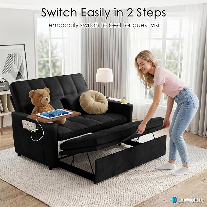 54'' Sleeper Sofa Bed, Convertible Pull Out Couch Futon for for Living Room,Apartment (Black) Side Desk, USB Ports, Cup Hold, Velvet Fabric, Adjustable Backrest, Easy Assembly