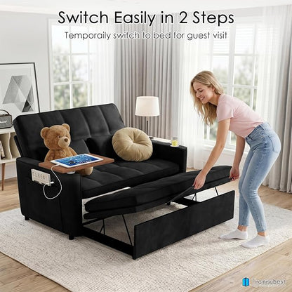 54'' Sleeper Sofa Bed, Convertible Pull Out Couch Futon for for Living Room,Apartment (Black) Side Desk, USB Ports, Cup Hold, Velvet Fabric, Adjustable Backrest, Easy Assembly