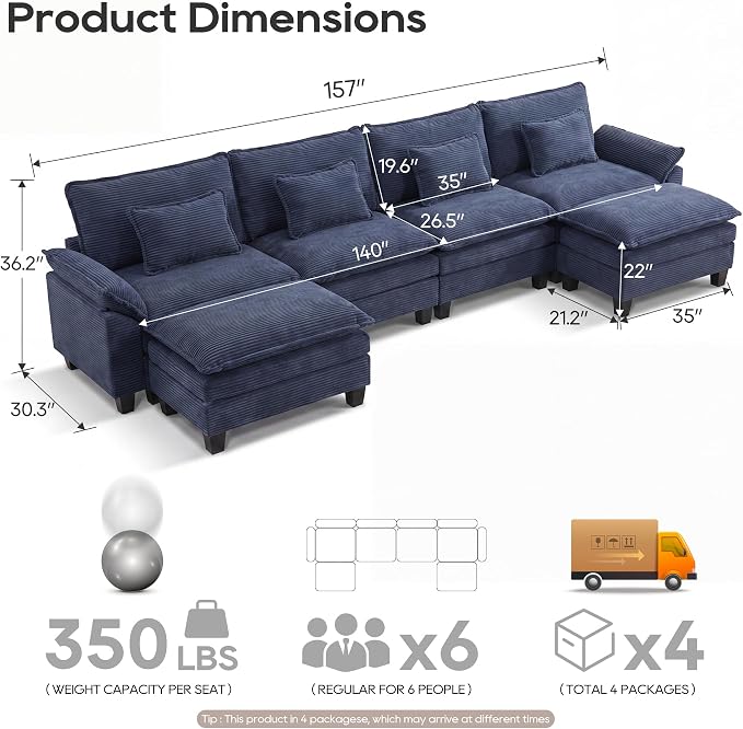 URRED Oversized Modular Sectional Sofa, 157" U Shaped Modern Comfy Cloud Couch with Movable Ottoman & Pillows, Deep Seat Couches for Living Room, Bedroom or Apartment (Corduroy Blue, 157" U Shaped)