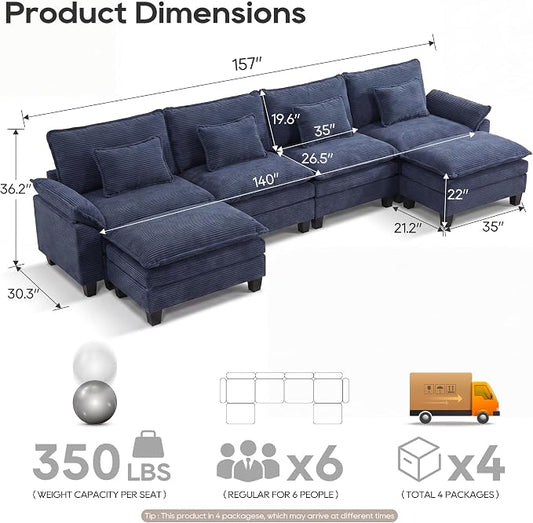 URRED Oversized Modular Sectional Sofa, 157" U Shaped Modern Comfy Cloud Couch with Movable Ottoman & Pillows, Deep Seat Couches for Living Room, Bedroom or Apartment (Corduroy Blue, 157" U Shaped)
