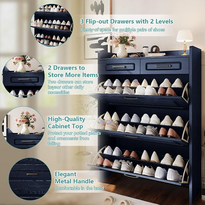Shoe Cabinet with 3 Large Flip Drawers and 2 Storage Drawers, Narrow Shoe Organizer Cabinet Fits for Kinds of Shoes, Hidden Shoe Storage Cabinet for Entryway, Hallway, Blue