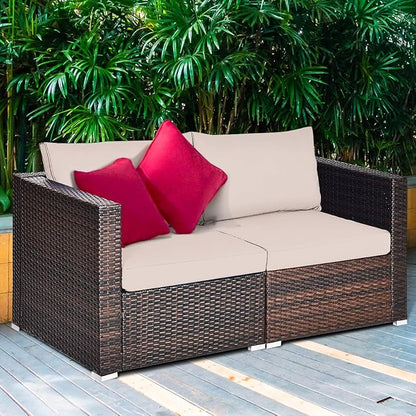 Tangkula Wicker Loveseat 2 Piece, Patio Furniture Couch with Removable Cushions, Rattan Loveseat Sofa for Balcony, Deck, Garden and Poolside