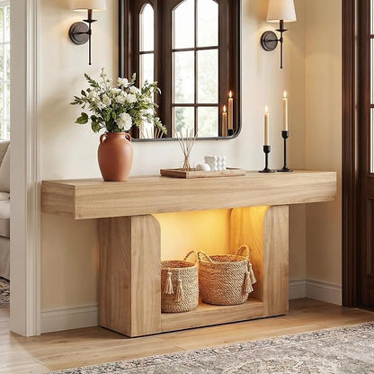 Homieasy Console Table, 63" Entryway Table with LED Lights & Charging Station, Farmhouse Wooden Sofa Table Behind Couch, Narrow Hallway Table for Living Room, Foyer, Entry, Natural Oak