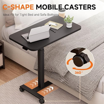 GTPLAYER Small Standing Desk with Lockable Wheels, Pneumatic Mobile Rolling Laptop Desk,Adjustable Height Overbed Bedside Table Computer Workstation for Home Office (28" W x 16" D, Black)