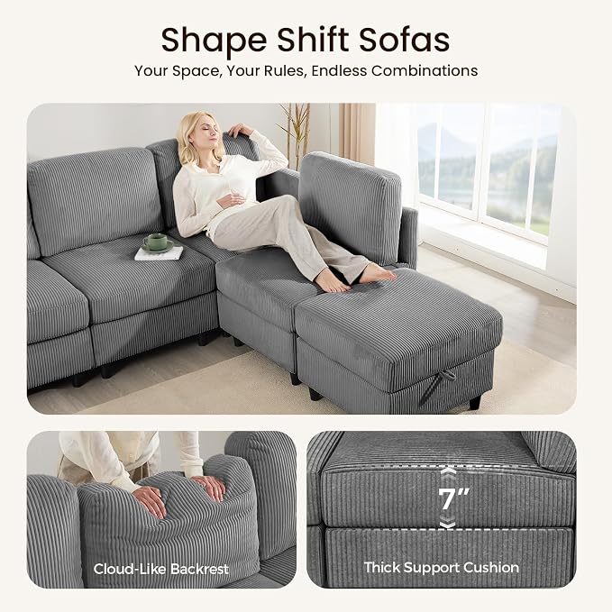 KKL Modular Sectional Sofa Bed with Storage Ottoman, Convertible L/U-Shaped Sleeper Couch for Living Room, Modern Reversible Design (Grey, 4 Seat L Shape)